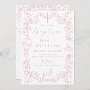 Pink Toile Girl Baptism Elegant Digital Invitation