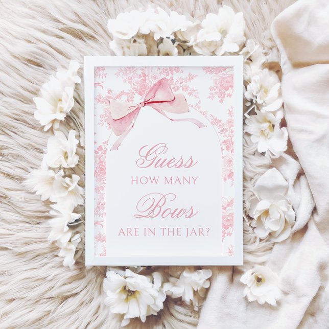 Pink Toile How Many Bows Baby Girl Shower Sign Invitation (Creator Uploaded)