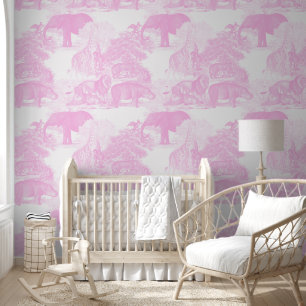 Pink Toile Jungle Animals Safari Chinoiserie Girl Wallpaper