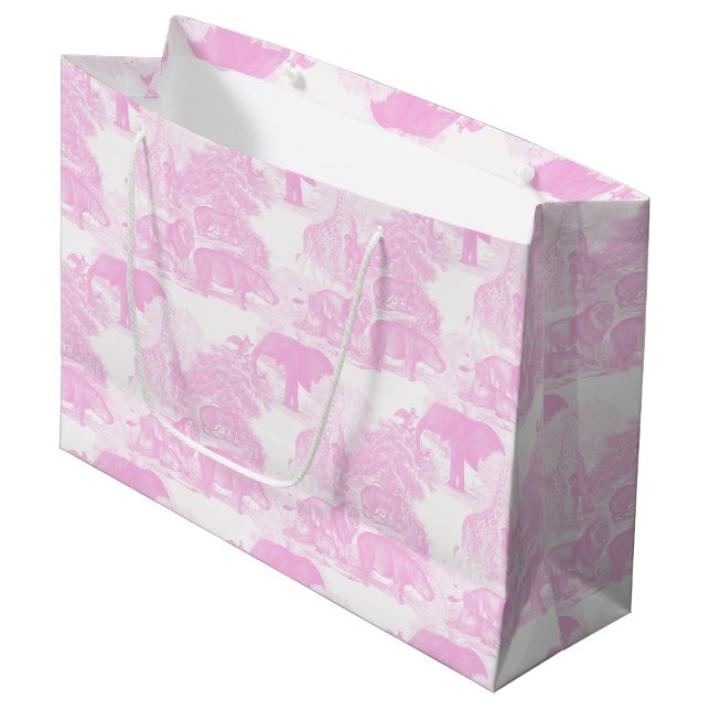 Pink Toile Jungle Animals Safari Chinoiserie Large Gift Bag (Front Angled)