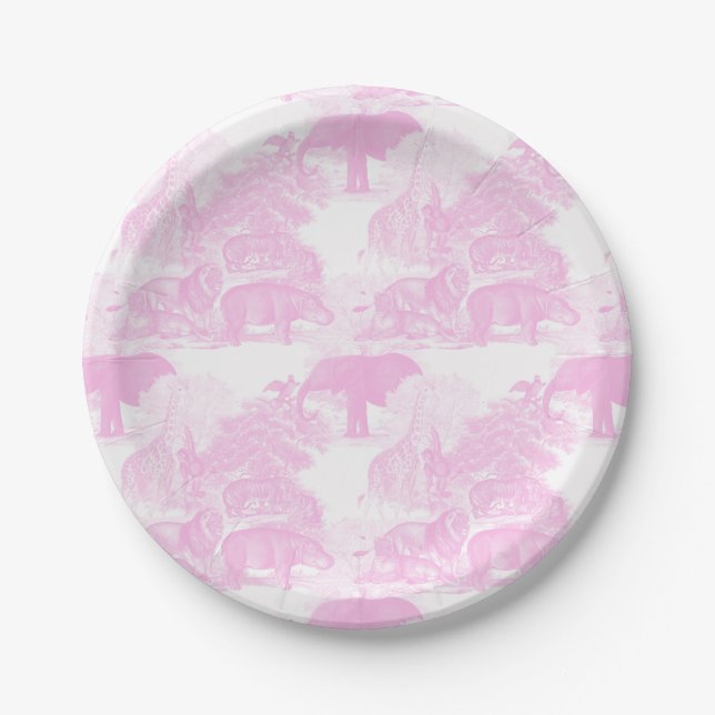 Pink Toile Jungle Animals Safari Chinoiserie Paper Plate (Front)