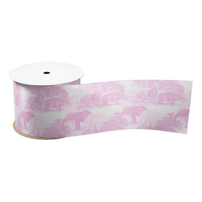 Pink Toile Jungle Animals Safari Chinoiserie Satin Ribbon (Spool)