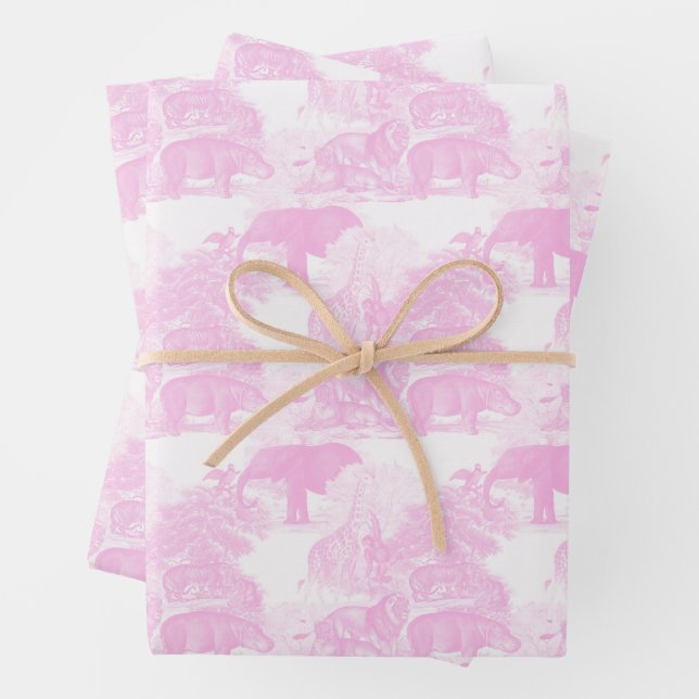 Pink Toile Jungle Animals Safari Chinoiserie Wrapping Paper Sheet (In situ)