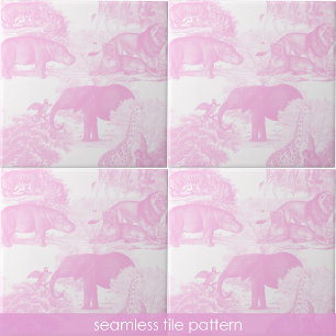 Pink Toile Jungle Animals Safari Seamless Pattern Tile