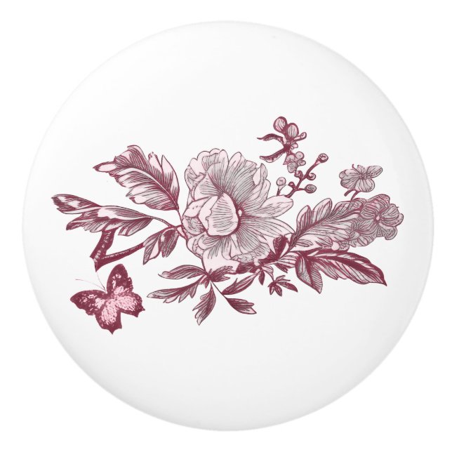 Pink Toile Peony Detail Ceramic Knob (Front)