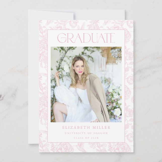 Pink Toile Photo Graduation Announcement Card  (Front)