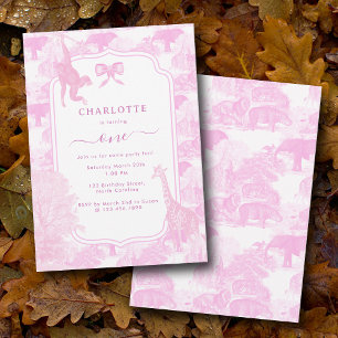 Pink Toile Safari Animals Chinoiserie Birthday Invitation