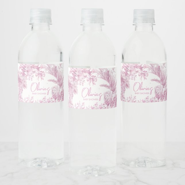Pink Toile Safari Baby Shower  Water Bottle Label (Bottles)