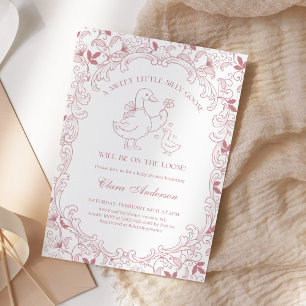 Pink Toile Silly Goose Baby Shower Hand Drawn Invitation