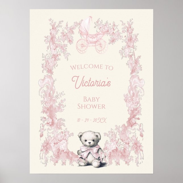 Pink Toile Teddy Bear Baby Shower Welcome Sign (Front)