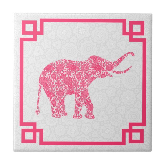 Pink Tones Cute Retro Floral Elephant 2 With Frame Tile (Front)
