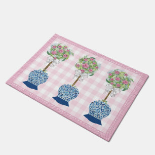 Pink Topiary Blue Rose Ginger Jar Doormat Rug