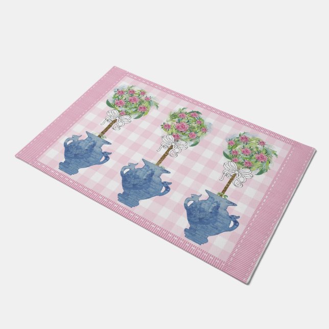 Pink Topiary Blue Rose Ginger Jar Doormat Rug (Angled)