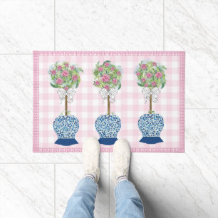 Pink Topiary Blue Rose Ginger Jar Doormat Rug
