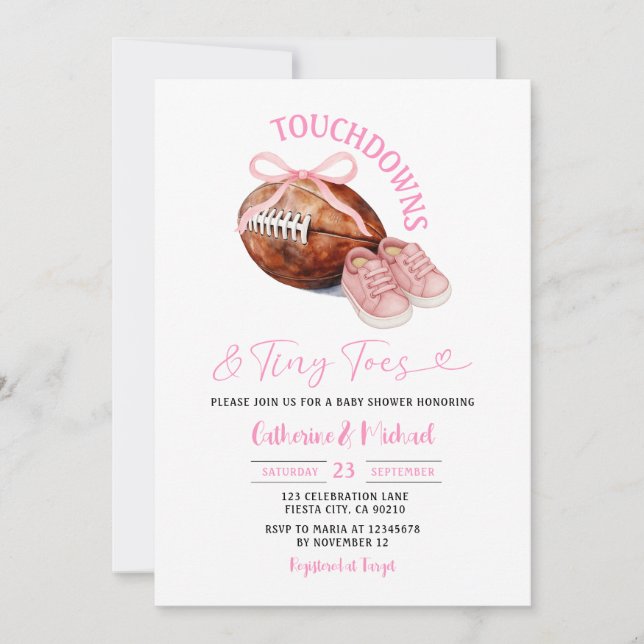 Pink Touchdown & Tiny Toes Football Baby Shower Invitation (Front)