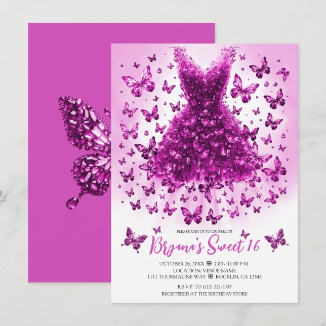 Pink Tourmaline Butterfly Dress October Birthstone Invitation (Front/Back)