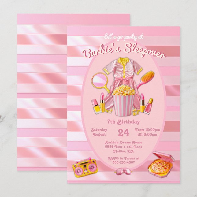 Pink toy doll Sleepover Slumber Birthday Party Invitation (Front/Back)