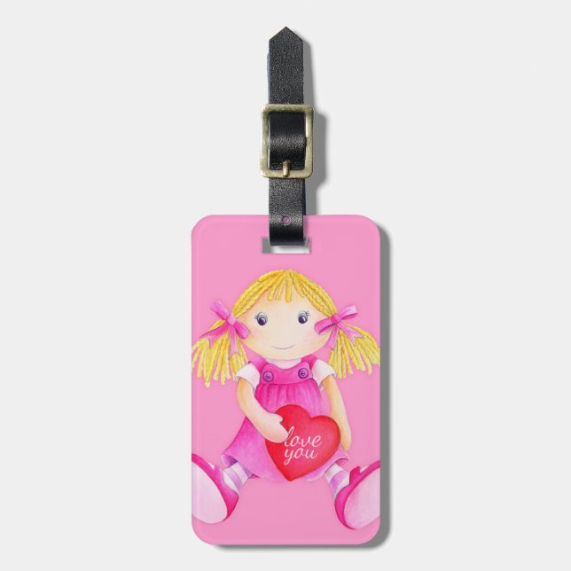 Pink toy rag doll kids named luggage tag (Front Vertical)