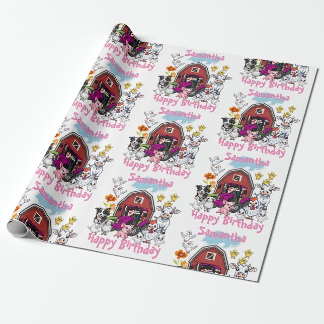 Pink Tractor Adorable Farm Animals Red Barn Gift Wrapping Paper (Unrolled)