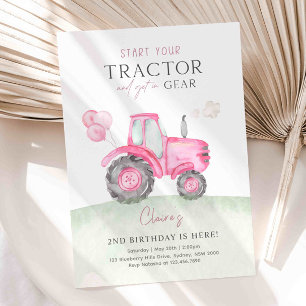 Pink Tractor & Balloons Birthday Party Invitation