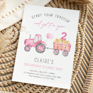 Pink Tractor & Balloons Girl Farm Birthday Party Invitation