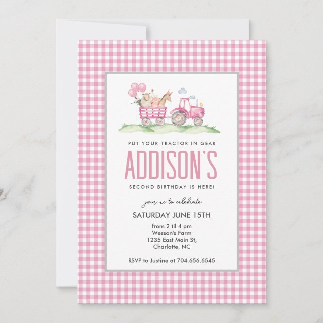 Pink Tractor Birthday, Girl Farm Invitation  (Front)