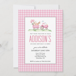 Pink Tractor Birthday, Girl Farm Invitation 