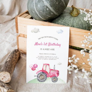 Pink Tractor Birthday Invitation