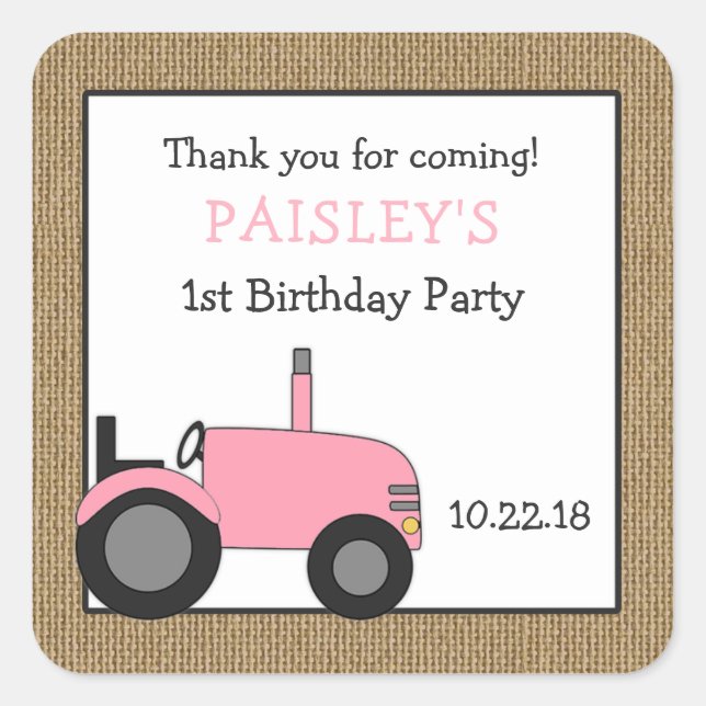 Pink tractor birthday party favour sticker (Front)