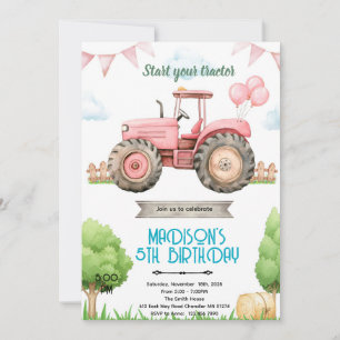 Pink tractor birthday party invitation