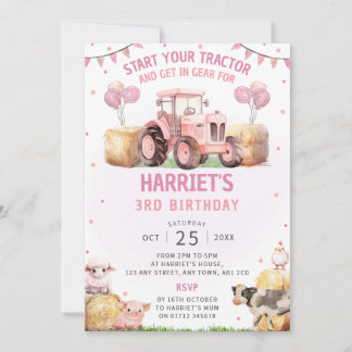 Pink Tractor Birthday Party Invitation Farm Theme