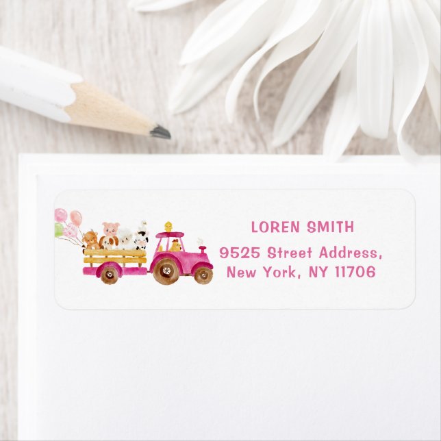 Pink tractor farm animals birthday return address (Insitu)