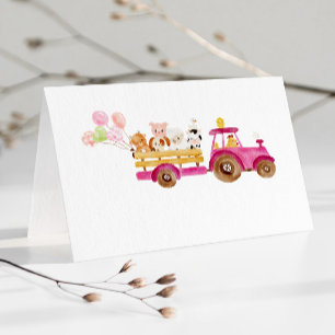 Pink tractor farm animals girl birthday food label place card
