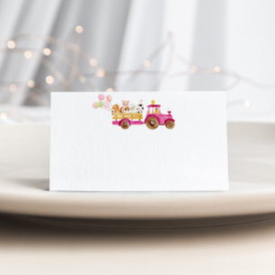 Pink tractor farm animals girl birthday place card