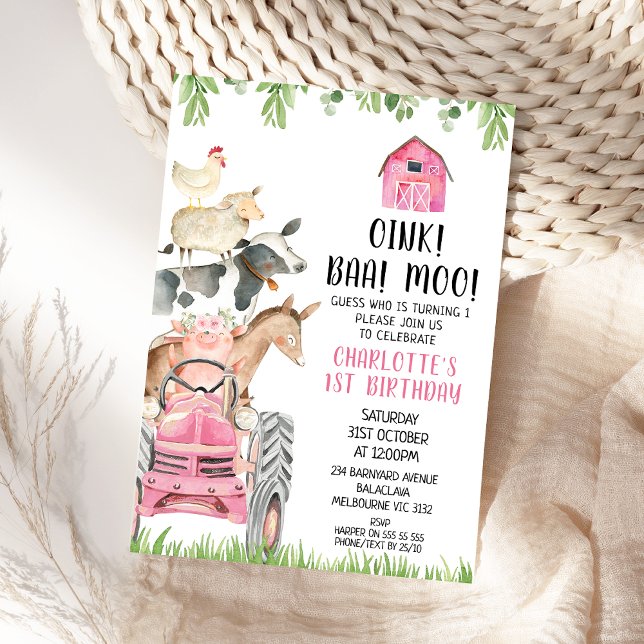 Pink Tractor Farmyard Oink Baa Moo Farm Birthday  Invitation (Pink Girls Farm Birthday Invitation, Oink Baa Moo Birthday Invitation, Pink Tractor, Farmyard Barn)