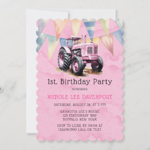 Pink Tractor Flag Girl 1st Birthday Party Invitation