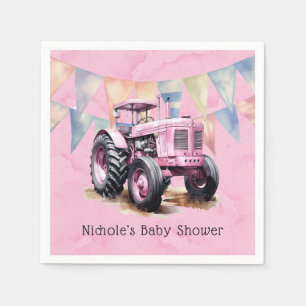 Pink Tractor Flag Watercolor Girl Baby Shower Napkin