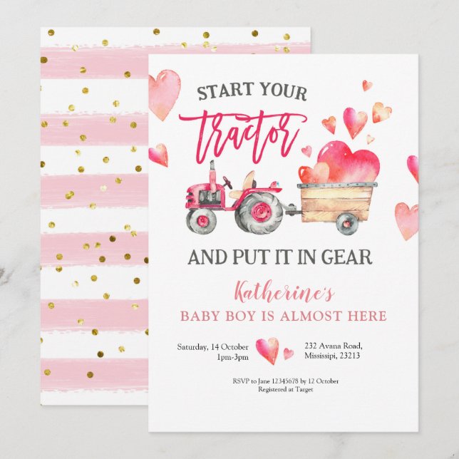Pink Tractor Girl Baby Shower Invitation (Front/Back)