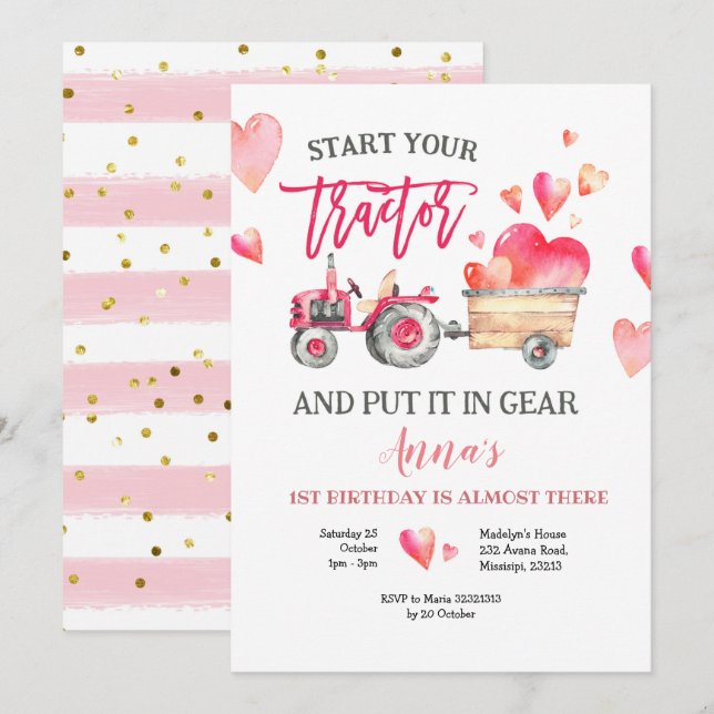 Pink Tractor Girl Birthday Invitation (Front/Back)