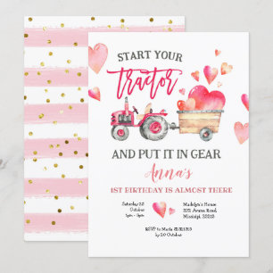 Pink Tractor Girl Birthday Invitation