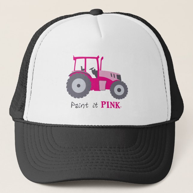 Pink tractor illustration paint it pink! trucker hat (Front)