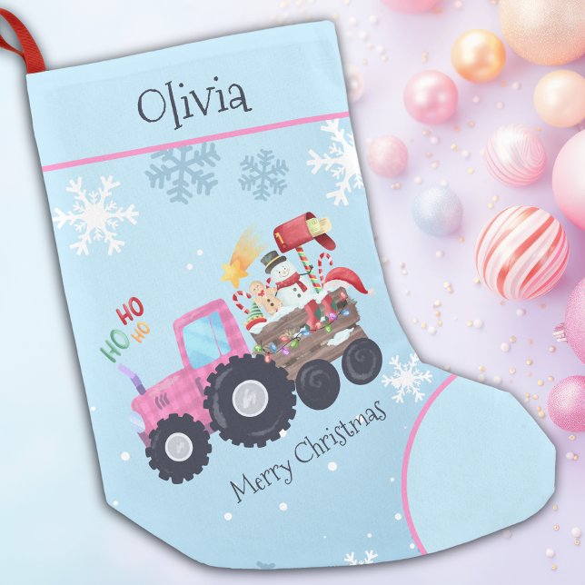 Pink Tractor Merry Christmas Name Small Christmas Stocking (Creator Uploaded)