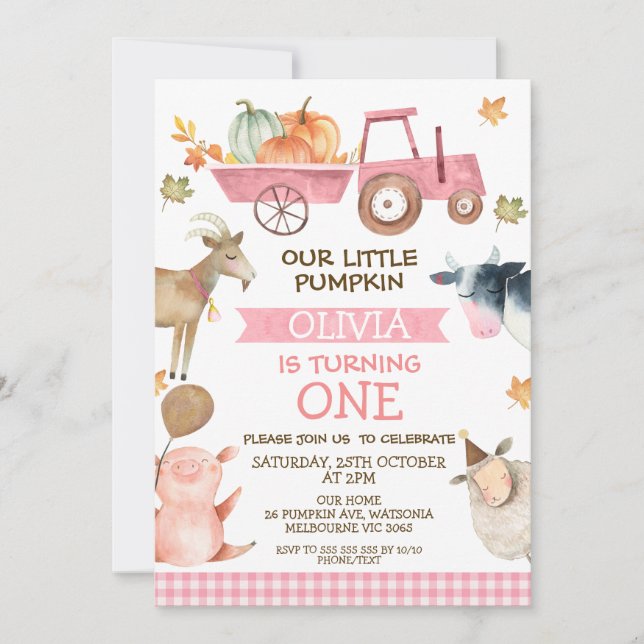 Pink Tractor Pumpkin And Farm Animals 1st Birthday Invitation (Front)