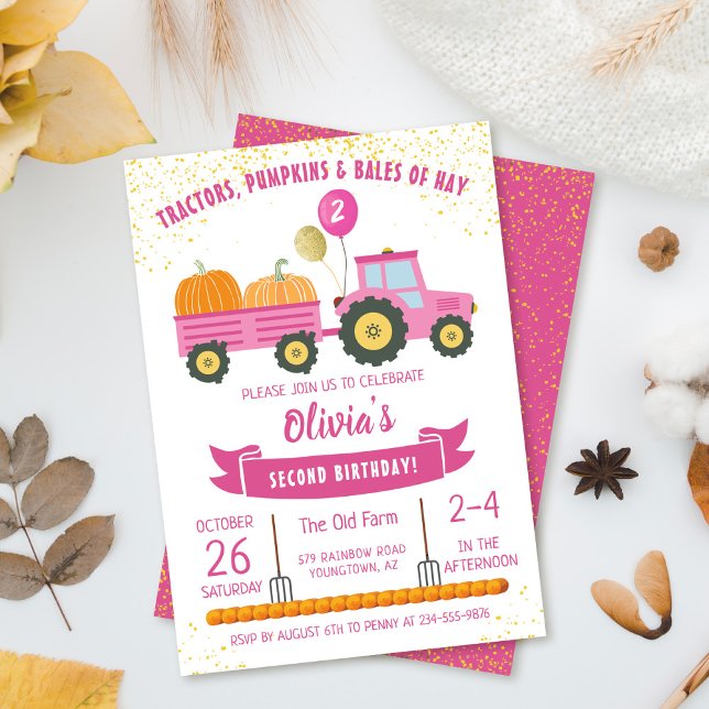 Pink Tractor Pumpkin Girls Autumn Birthday Invitation (Creator Uploaded)