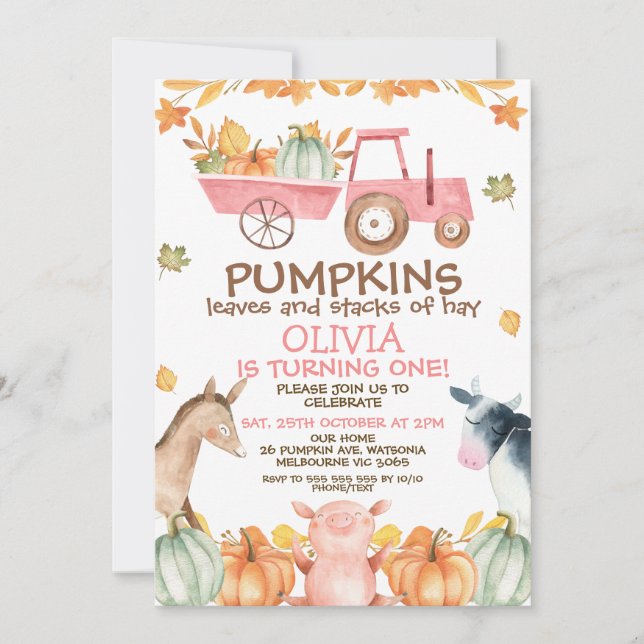 Pink Tractor Pumpkins Farm Animals 1st Birthday Invitation (Front)