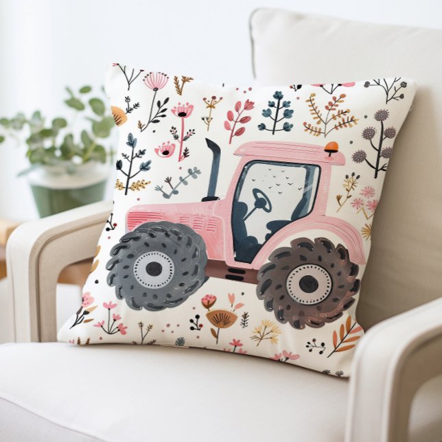 Pink Tractor with Floral Pattern, Farmhouse Style Cushion (Creator Uploaded)