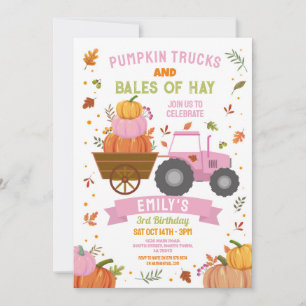 Pink Tractors Pumpkin Birthday Harvest Party Invitation