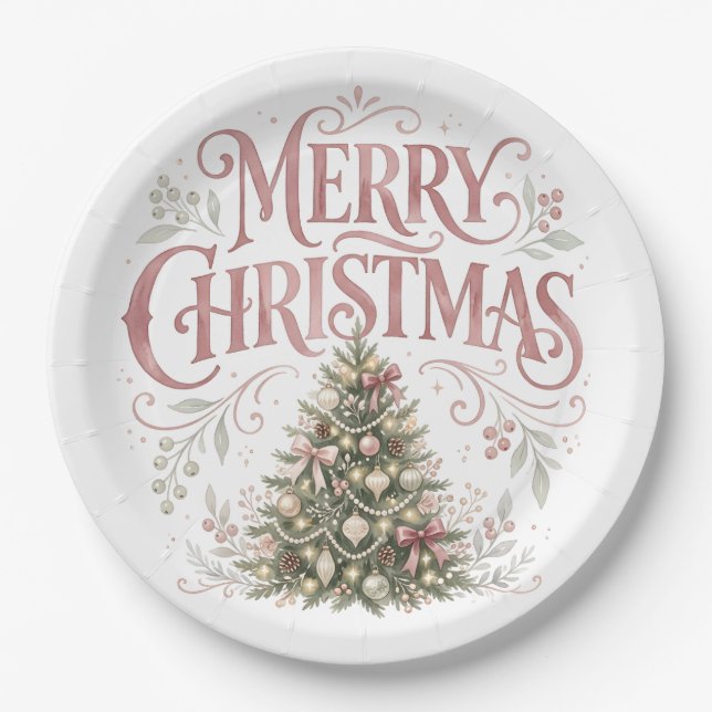 Pink Traditional Christmas Tree | Pinkmas Paper Plate (Front)