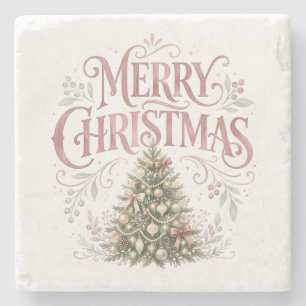 Pink Traditional Christmas Tree Pinkmas Stone Coaster