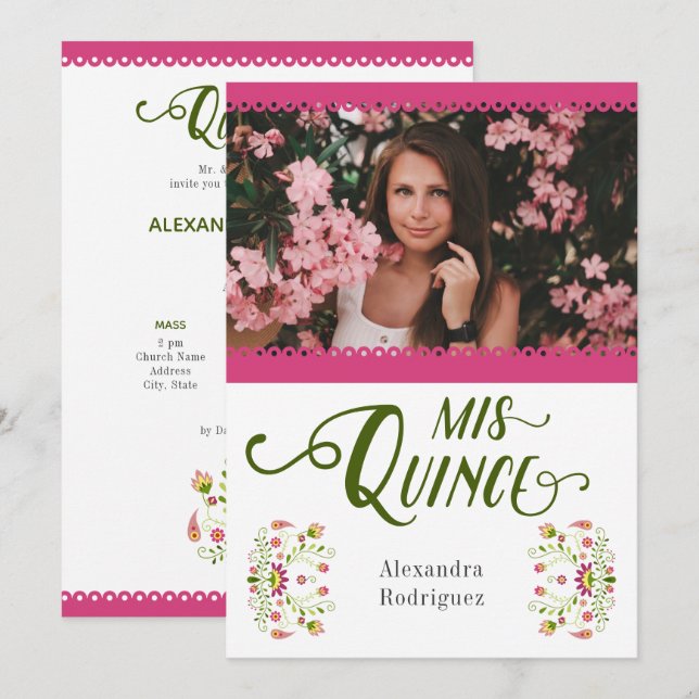 Pink Traditional Mexican Floral Photo Quinceanera Invitation (Front/Back)